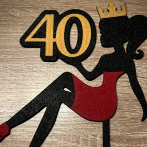 Gimtadienio torto smeigtukas / topperis „40“ su karūna ir moters siluetu
